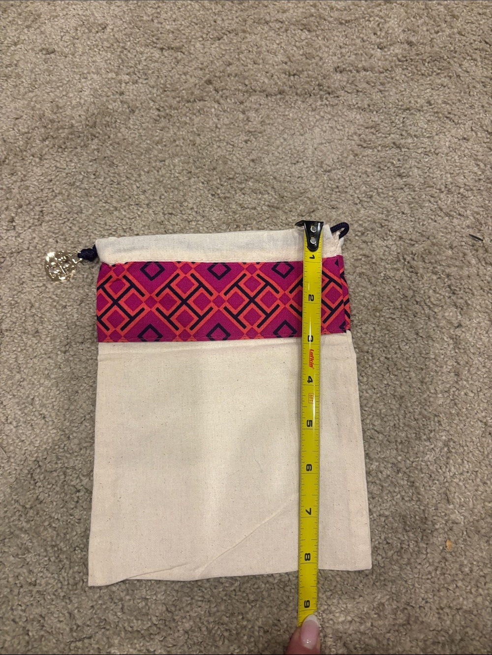 Tory Burch Cream Canvas Pouch with Pink and Purple Geometric Band